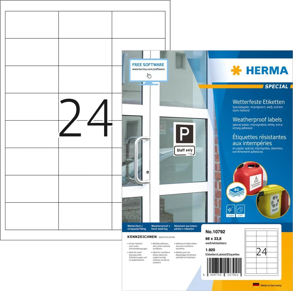 Herma Atsparūs vandeniui impregnuoti A4 lipdukai 80 lapų 66x33.8