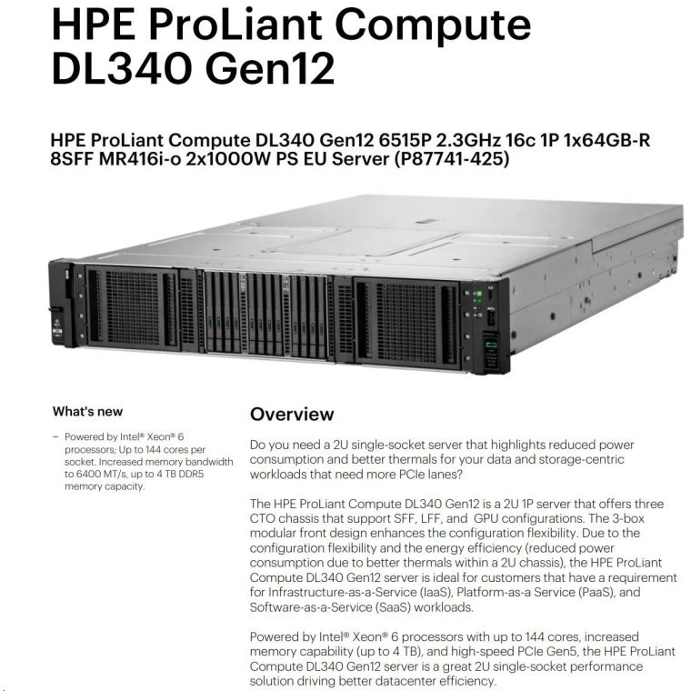 Serveris Hewlett Packard (HP) Serwer HPE DL340 G12 6515P 1X64G 8SF-STOCK