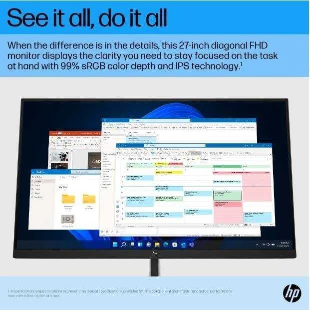 Hewlett Packard (HP) HP E27 G5 FHD monitorius – 27 colių 1920x1080 FHD 300 nitų 75 Hz AG, IPS, HDMI/DisplayPort, 4x USB-A, reguliuojamas aukštis / pakreipimas / pasukamas / pasukamas, 3 metai
