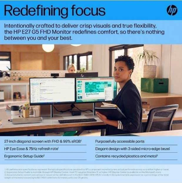 Hewlett Packard (HP) HP E27 G5 FHD monitorius – 27 colių 1920x1080 FHD 300 nitų 75 Hz AG, IPS, HDMI/DisplayPort, 4x USB-A, reguliuojamas aukštis / pakreipimas / pasukamas / pasukamas, 3 metai