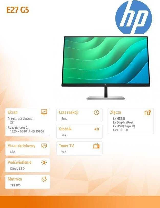 Hewlett Packard (HP) HP E27 G5 FHD monitorius – 27 colių 1920x1080 FHD 300 nitų 75 Hz AG, IPS, HDMI/DisplayPort, 4x USB-A, reguliuojamas aukštis / pakreipimas / pasukamas / pasukamas, 3 metai