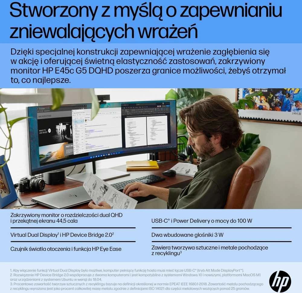 Hewlett Packard (HP) HP E45c G5 5K lenktas įkrovimo monitorius – 44,5" 5120x1440 5K DQHD 400 nitų 165 Hz AG, lenktas, VA, 2x USB-C(65W)/HDMI/DisplayPort, 4x USB-A, 45 garsiakalbiai LAN, reguliuojamas aukštis / pakreiptas / pasukamas, 3 metai