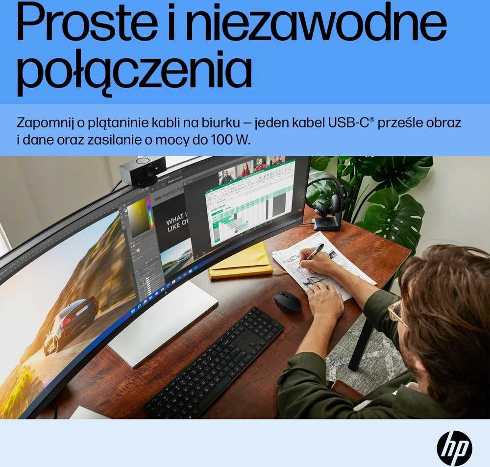Hewlett Packard (HP) HP E45c G5 5K lenktas įkrovimo monitorius – 44,5" 5120x1440 5K DQHD 400 nitų 165 Hz AG, lenktas, VA, 2x USB-C(65W)/HDMI/DisplayPort, 4x USB-A, 45 garsiakalbiai LAN, reguliuojamas aukštis / pakreiptas / pasukamas, 3 metai