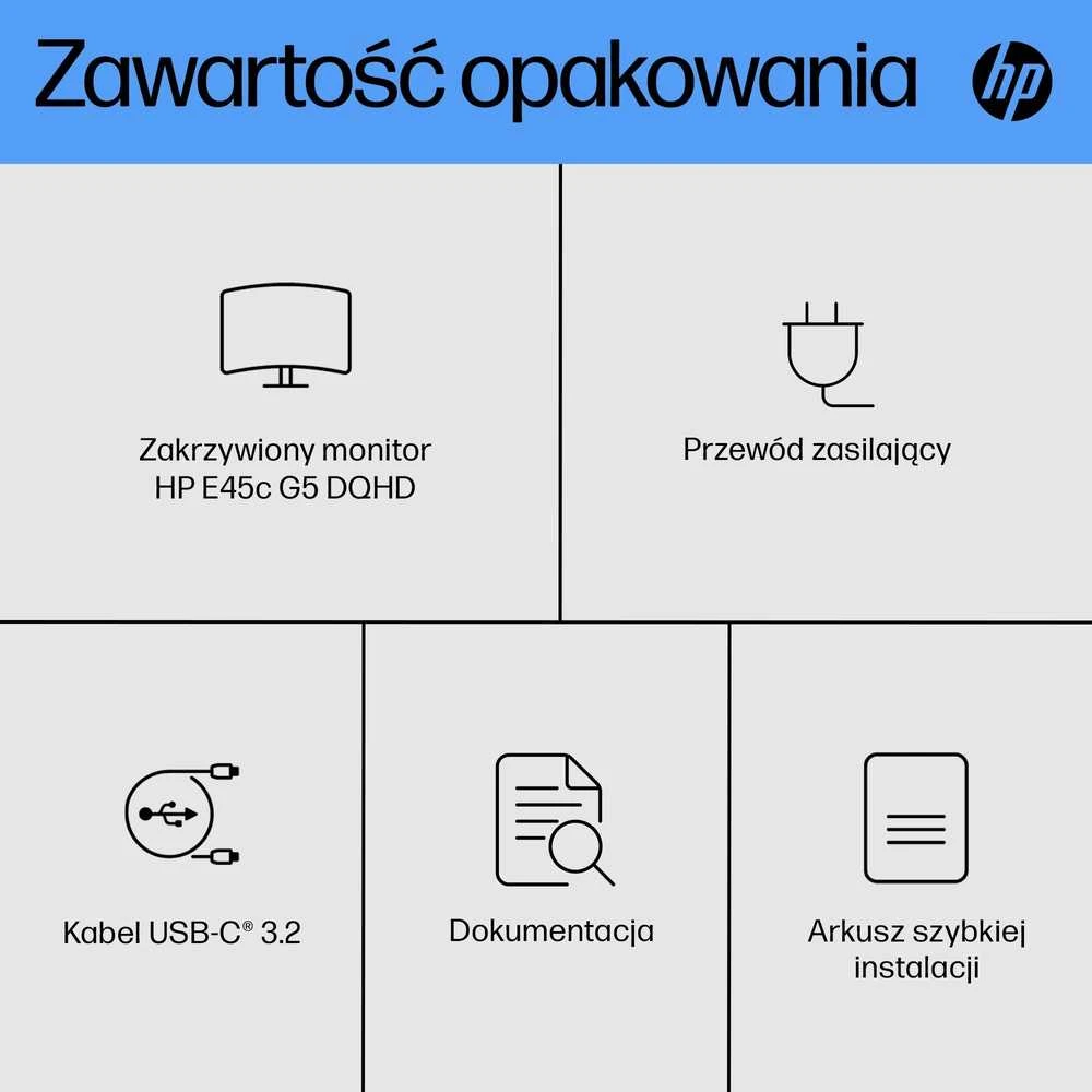Hewlett Packard (HP) HP E45c G5 5K lenktas įkrovimo monitorius – 44,5" 5120x1440 5K DQHD 400 nitų 165 Hz AG, lenktas, VA, 2x USB-C(65W)/HDMI/DisplayPort, 4x USB-A, 45 garsiakalbiai LAN, reguliuojamas aukštis / pakreiptas / pasukamas, 3 metai