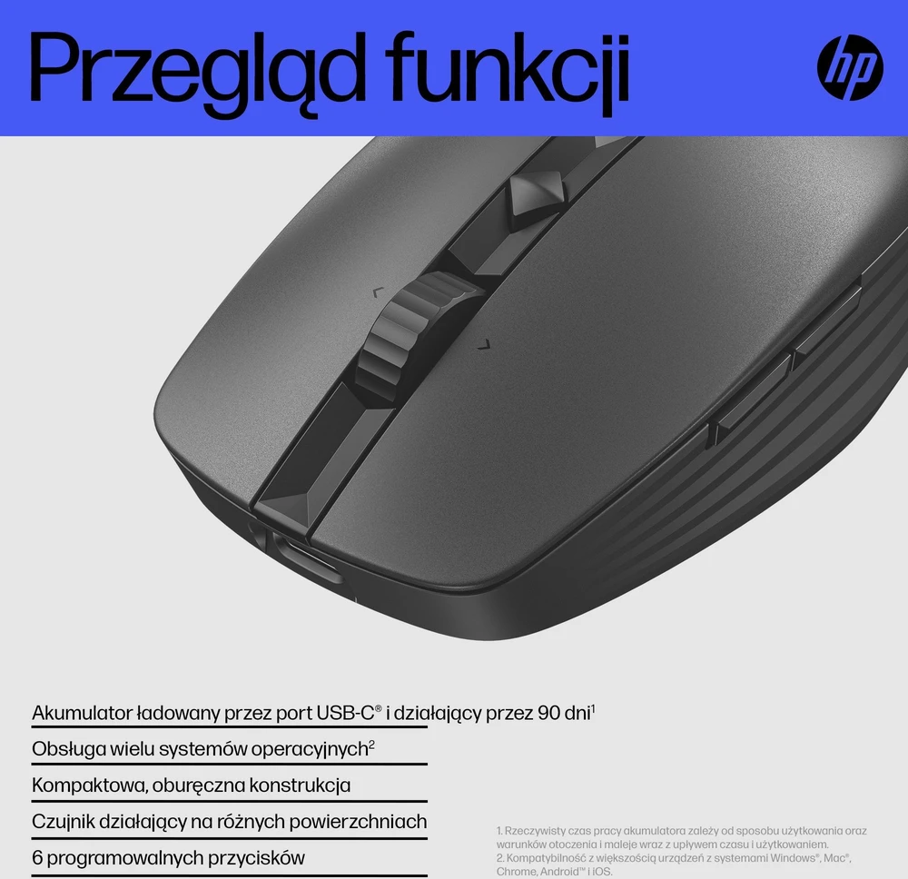 Hewlett Packard (HP) HP 715 Belaidė „Bluetooth“ pelė – daugiafunkcinė, programuojama, 4 krypčių slinkties, įkraunama – juoda