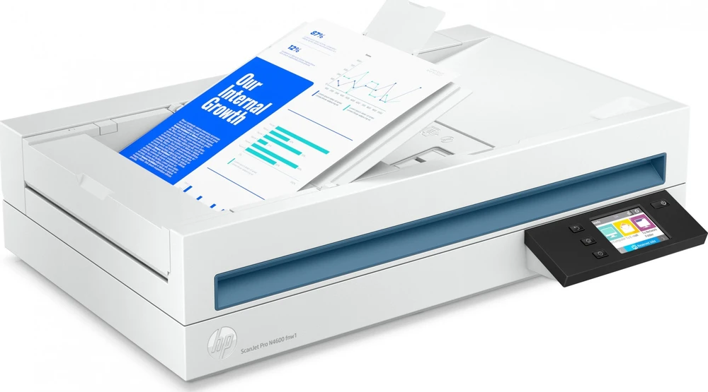 Skeneris Hewlett Packard (HP) „HP ScanJet Pro N4600 fnw1“ skaitytuvas – A4 spalvotas 600 dpi, plokščias nuskaitymas, automatinis dokumentų tiektuvas, automatinis dvipusis, OCR / nuskaitymas į tekstą, 40 ppm, 10 000 puslapių per dieną