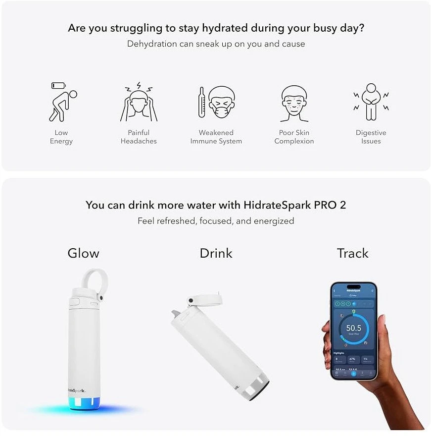 Gertuvė „HidrateSpark PRO 2“ išmanusis buteliukas su šiaudeliu, 621 ml, baltas