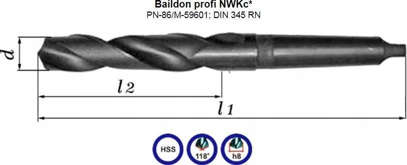 Wiertło Baildon DIN 345 ​​​​RN NWKc 35 mm HSS (F) metalo grąžtas, 339–190 mm (MK4 kotas)