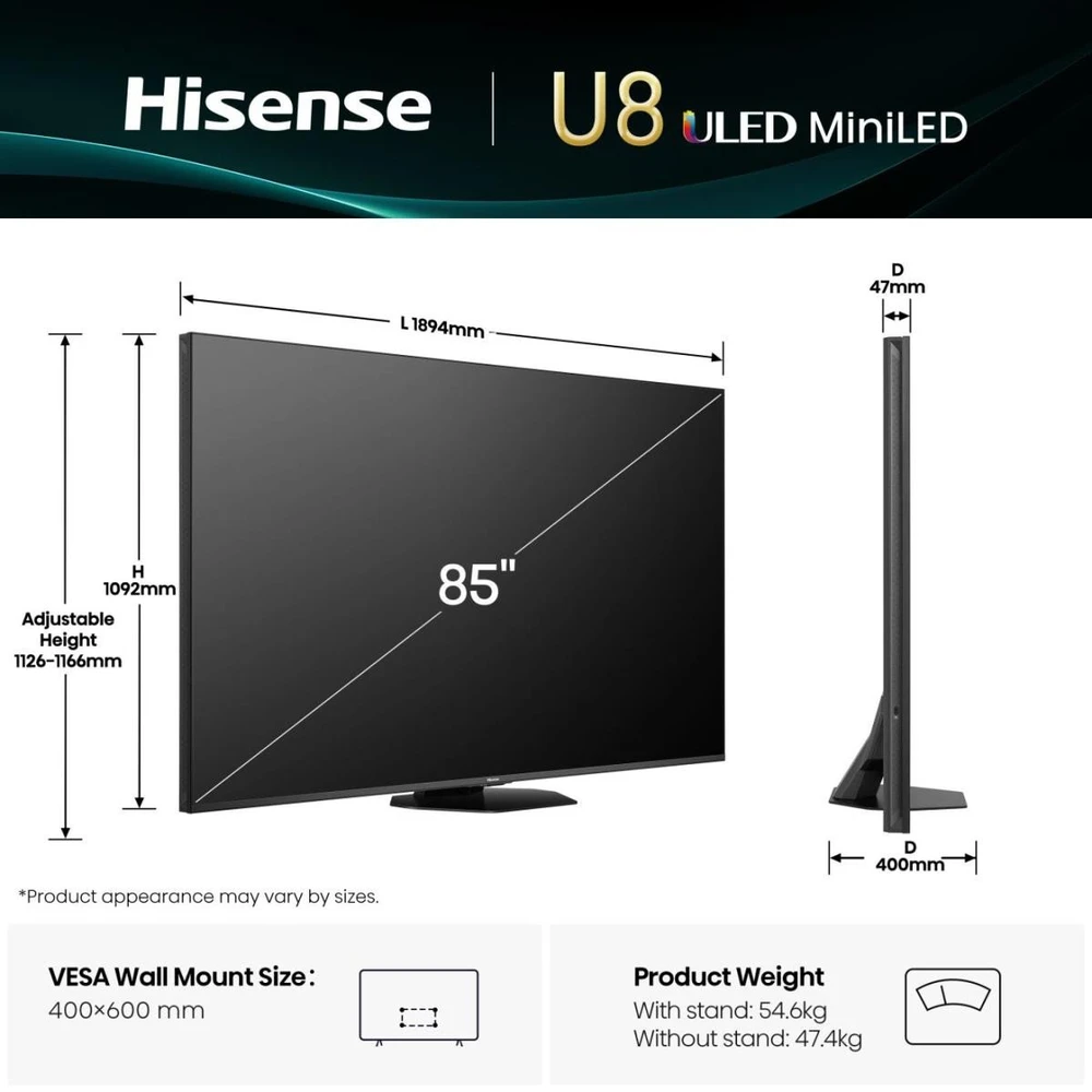 Televizorius Hisense 85" 85U8Q Mini LED 165 Hz 4K Dolby Vision Atmos