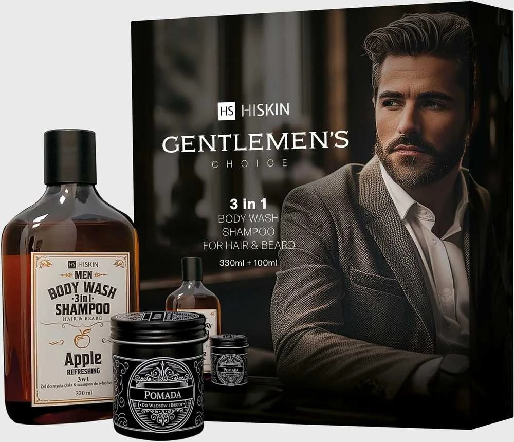 HISKIN plaukų ir barzdos rinkinys - Viskio šampūnas 330 ml + Plaukų ir barzdos pomada