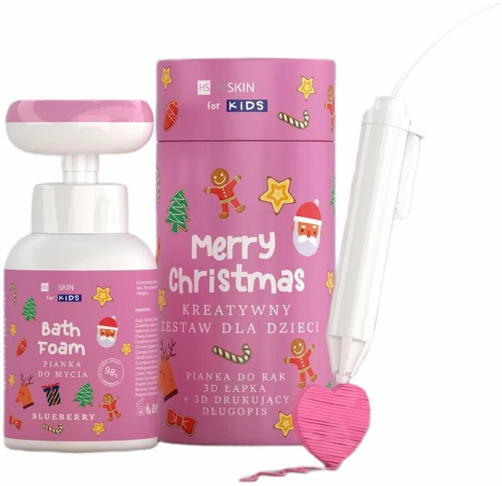Hiskin Vaikiškas kūrybinis rinkinys „Merry Christmas“ rožinės spalvos rankų ploviklio putos su uogų skoniu, 300 ml + 3D rašiklis, 1 vnt.