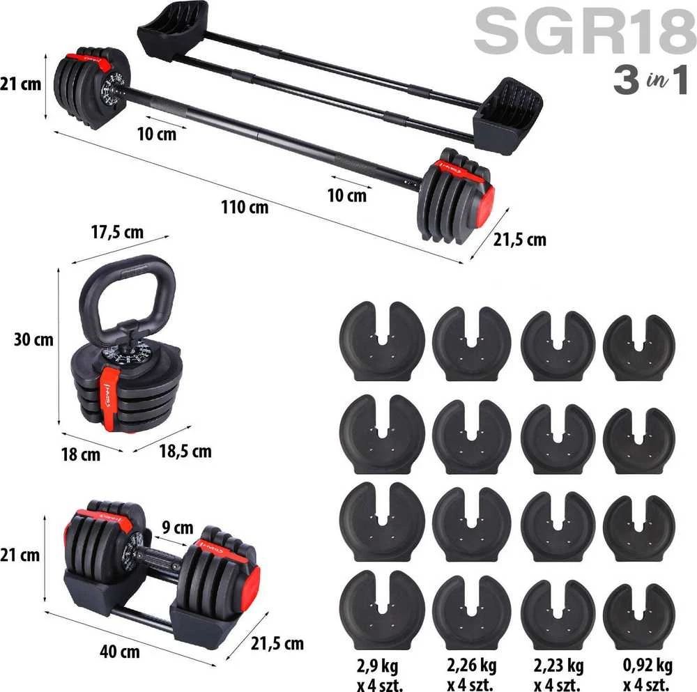 Reguliuojamų hantelių rinkinys SGR18 Pro Set 3in1 20 kg HMS