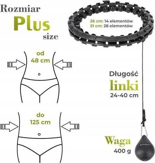 Hula lankas didesnio dydžio HMS HHW12 su masažiniais elementais ir svoriu, juodas