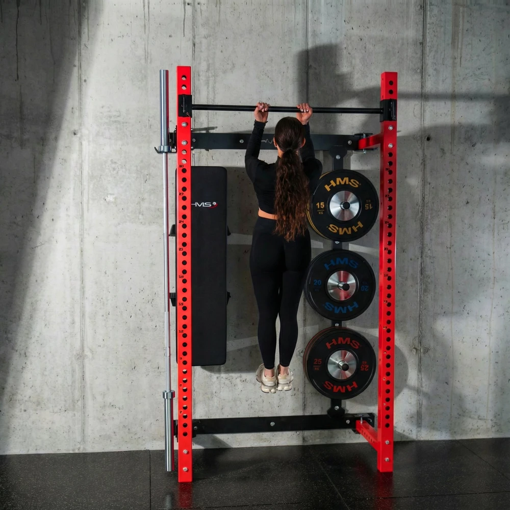 Prie sienos tvirtinama slankiojanti jėgos gardelė su suoliuku KLT34, raudona, HMS Fitness