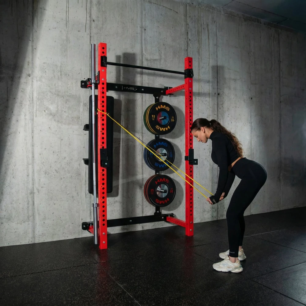 Prie sienos tvirtinama slankiojanti jėgos gardelė su suoliuku KLT34, raudona, HMS Fitness