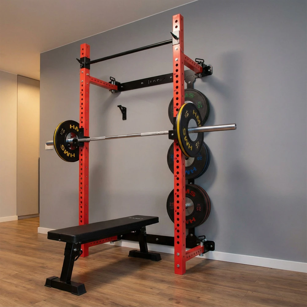 Prie sienos tvirtinama slankiojanti jėgos gardelė su suoliuku KLT34, raudona, HMS Fitness
