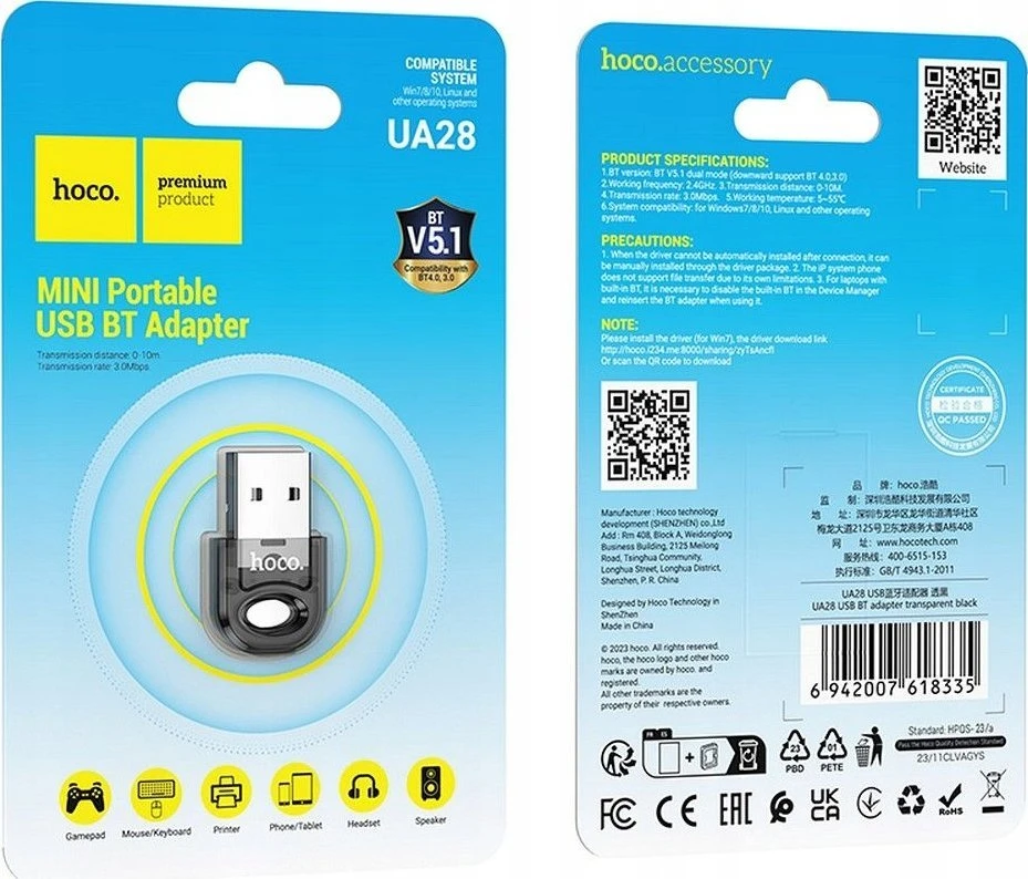 Bluetooth adapteris Hoco UA28 Bluetooth 5.1 juodas