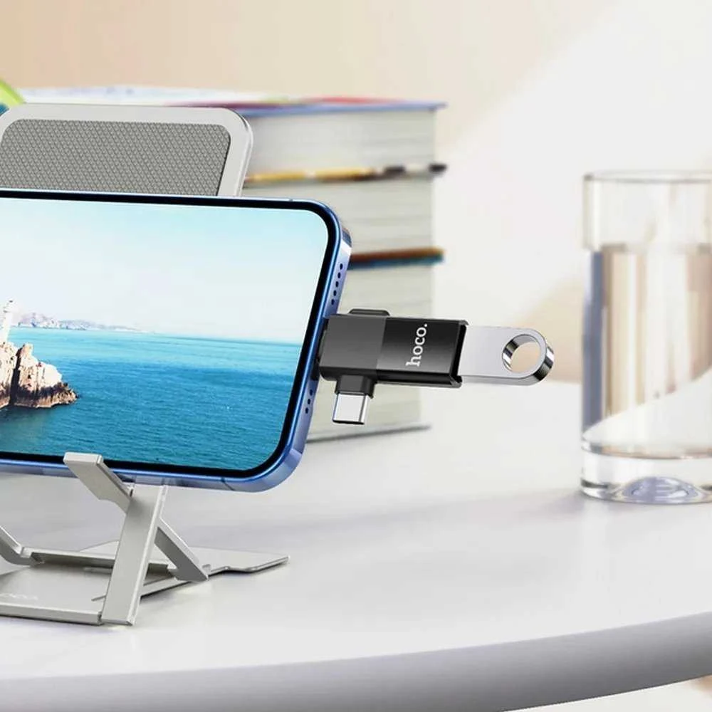 Adapteris OTG 2in1 USB C / Lightning to USB A Hoco UA17 juodas