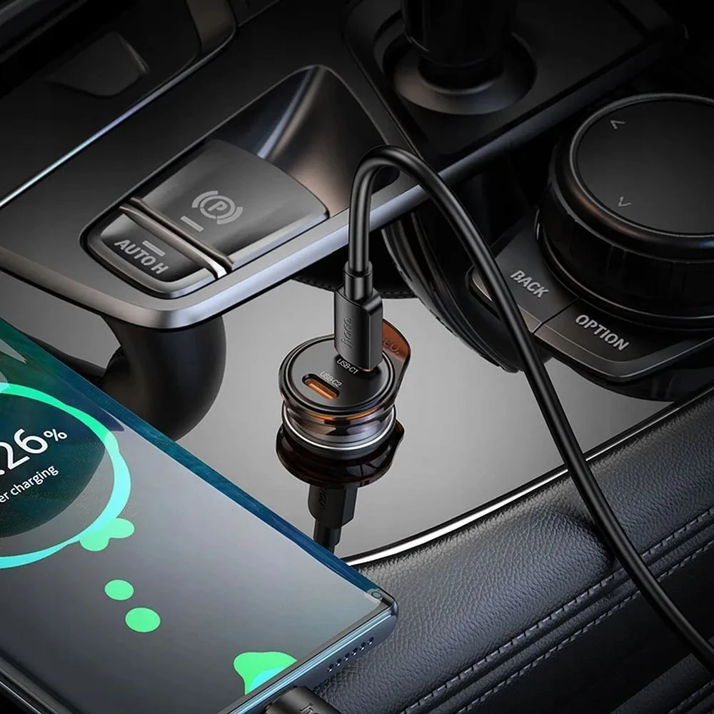 Automobilinis įkroviklis Hoco 2 x USB C PD QC3.0 45W NZ16B metalinis pilkas