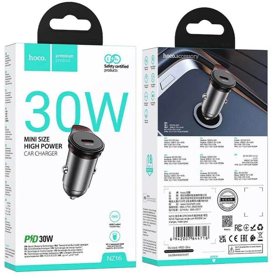 Automobilinis įkroviklis Hoco USB C QC PD 30W NZ16 metalinis pilkas