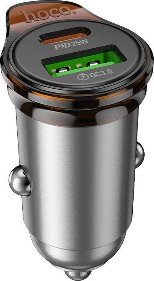 Automobilinis įkroviklis Hoco USB A + USB C QC3.0 PD 3A 43W + laidas USB C - Lightning NZ16A metalinis pilkas