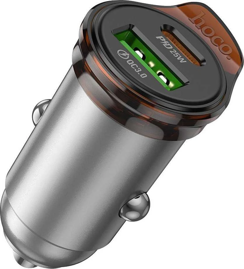 Automobilinis įkroviklis Hoco USB A + USB C QC3.0 PD 3A 43W + laidas USB C - Lightning NZ16A metalinis pilkas