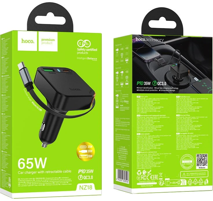 Automobilinis įkroviklis Hoco su ištraukiamu laidu 2 x USB C + USB A QC PD 65W NZ18 juodas