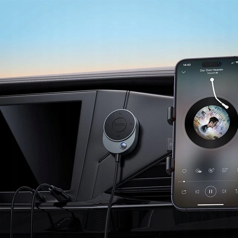 Belaidis automobilio imtuvas Hoco AUX Bluetooth su laidu Jack 3,5 mm E150 metalinis pilkas