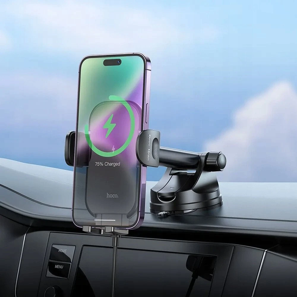 Belaidis automobilio telefono laikiklis Hoco 15 W, skirtas priekiniam stiklui / prietaisų skydeliui, HW5 juodas