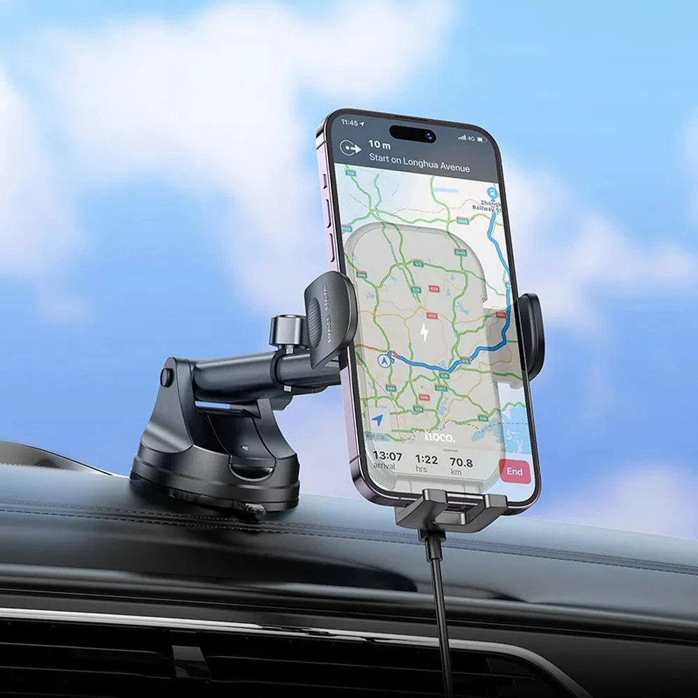 Belaidis automobilio telefono laikiklis Hoco 15 W, skirtas priekiniam stiklui / prietaisų skydeliui, HW5 juodas
