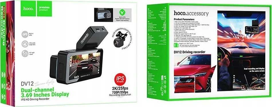 Automobilinis vaizdo registratorius Hoco su 3,69" 2K ekranu + galine kamera 720P/25fps GPS DV12 sidabriškai pilka