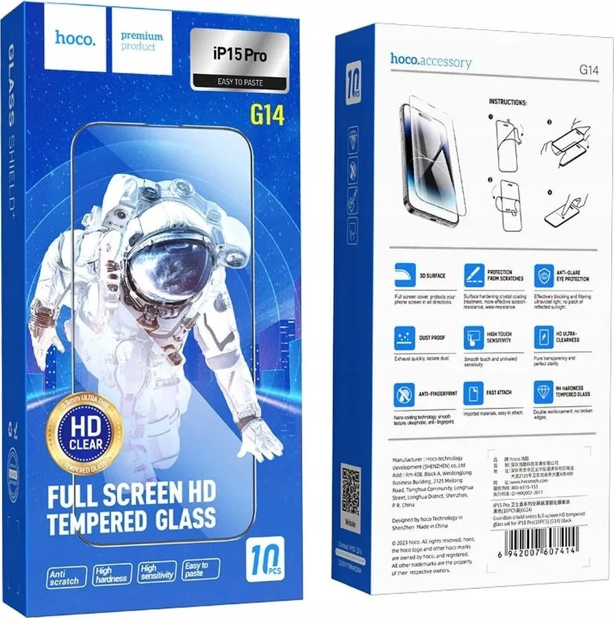 Grūdintas stiklas iPhone 15 PRO Hoco HD 5D Guardian skydelis 10 vnt. G14 juodas