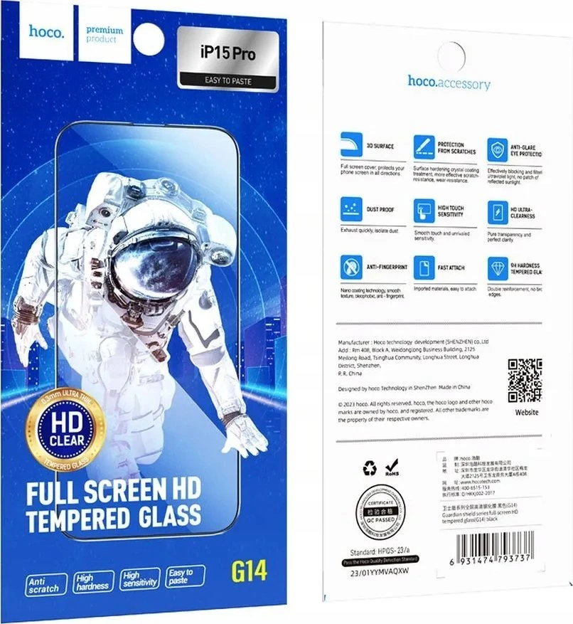 Grūdintas stiklas iPhone 15 PRO Hoco HD 5D Guardian skydelis 10 vnt. G14 juodas
