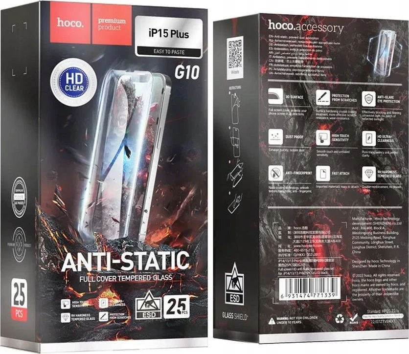 Grūdintas stiklas iPhone 15 PLUS / 16 PLUS Hoco HD antistatinis 25 vnt. G10
