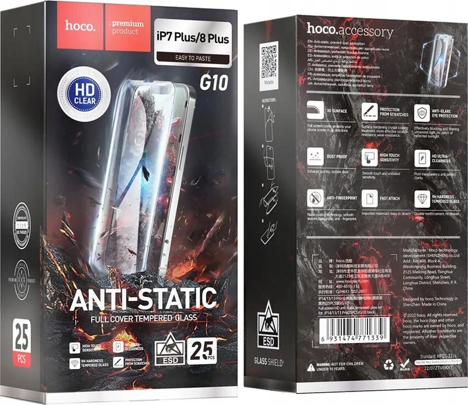 Grūdintas stiklas iPhone 7 PLUS / 8 PLUS Hoco HD antistatinis 25 vnt. G10