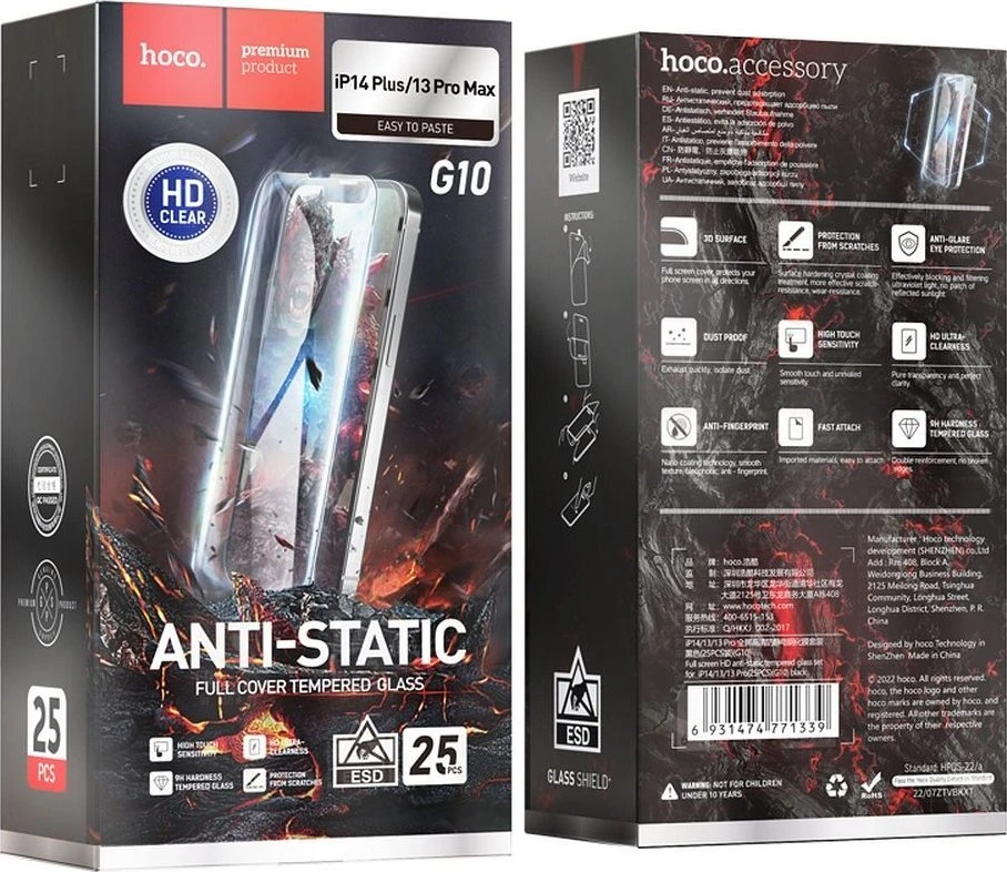 Grūdintas stiklas iPhone 14 PLUS / 13 PRO MAX Hoco HD antistatinis 25 vnt. G10