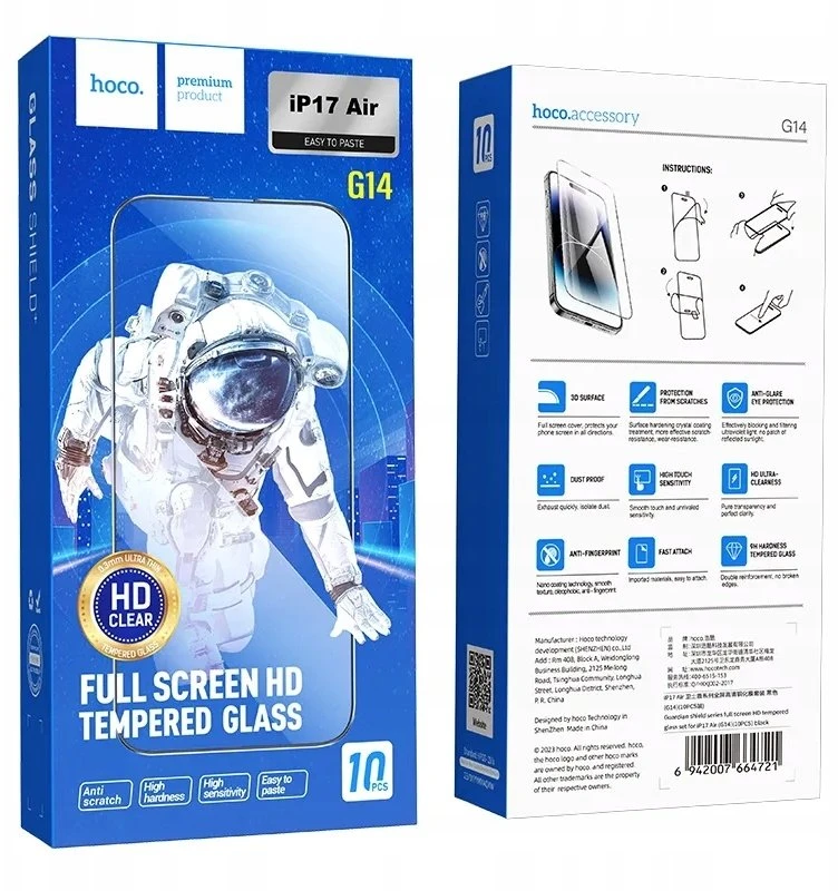 Grūdinto stiklo iPhone 17 AIR Hoco HD 5D apsauginis stiklas 10 vnt. G14 juodas