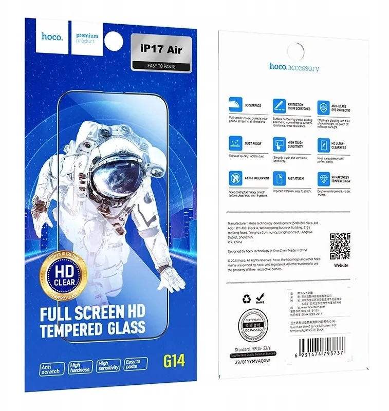 Grūdinto stiklo iPhone 17 AIR Hoco HD 5D apsauginis stiklas 10 vnt. G14 juodas