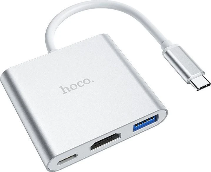 Adapteris Hoco HB14 Type-C to USB-A+HDMI+Type-C sidabrinis
