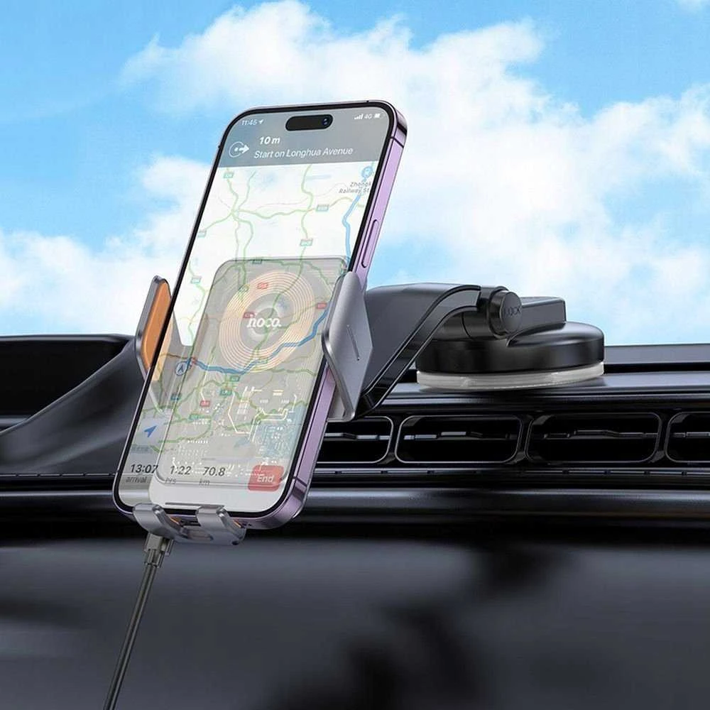 Belaidis automobilio telefono laikiklis Hoco 15 W priekiniam stiklui / prietaisų skydeliui HW8 juodas