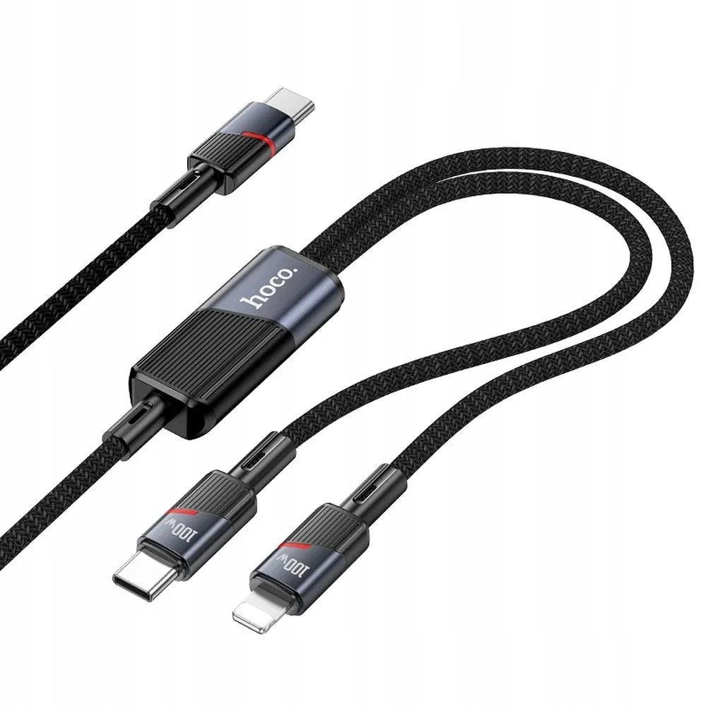 Laidas 2in1 USB-C į USB-C + Lightning Hoco 5A 100W 1,2 m U139 juodas