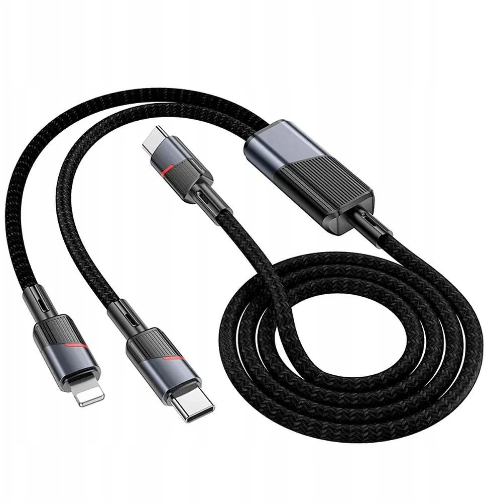 Laidas 2in1 USB-C į USB-C + Lightning Hoco 5A 100W 1,2 m U139 juodas