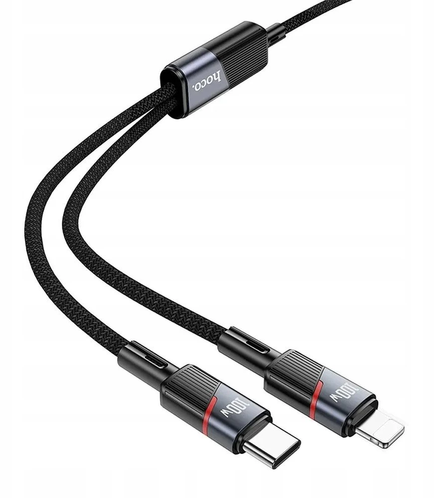 Laidas 2in1 USB-C į USB-C + Lightning Hoco 5A 100W 1,2 m U139 juodas