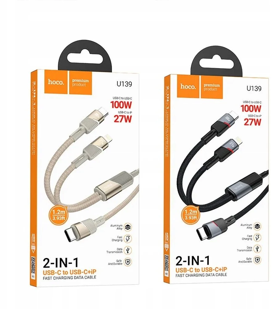 Laidas 2in1 USB-C į USB-C + Lightning Hoco 5A 100W 1,2 m U139 juodas