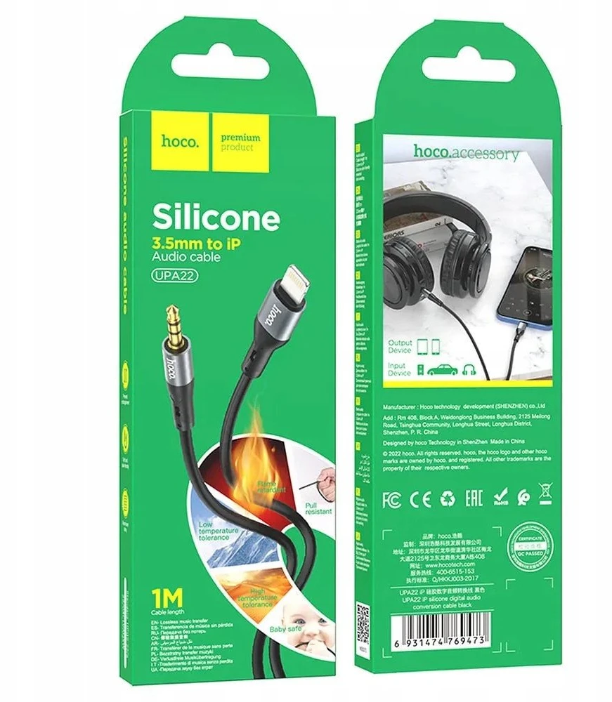 Kabelis AUX Jack 3,5 mm - Lightning Hoco 1 m UPA22 juodas