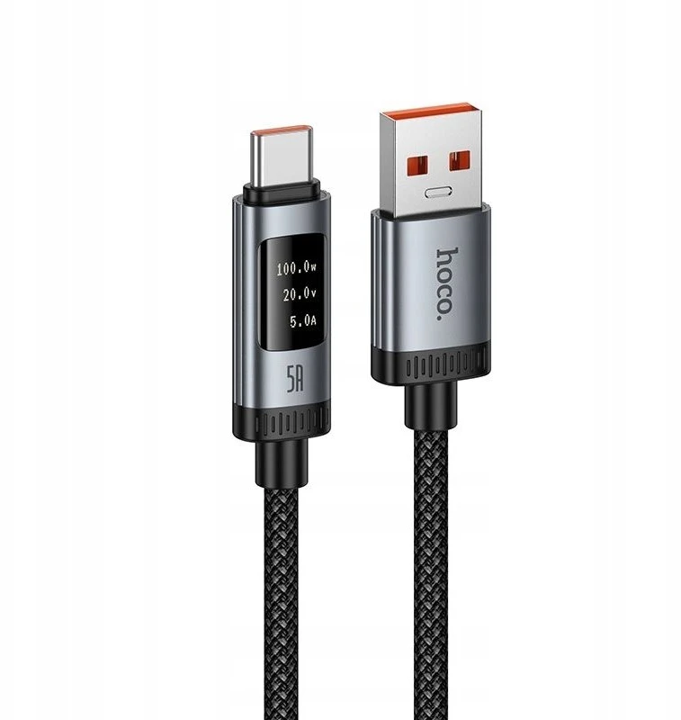 Duomenų kabelis su skaitmeniniu ekranu USB A į USB C Hoco PD 6A 100W 1,2 m U148 juodas