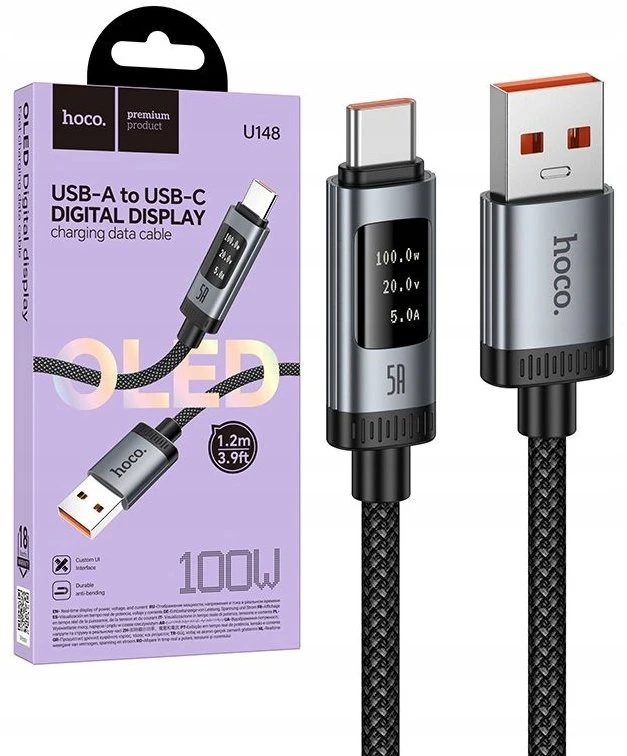 Duomenų kabelis su skaitmeniniu ekranu USB A į USB C Hoco PD 6A 100W 1,2 m U148 juodas