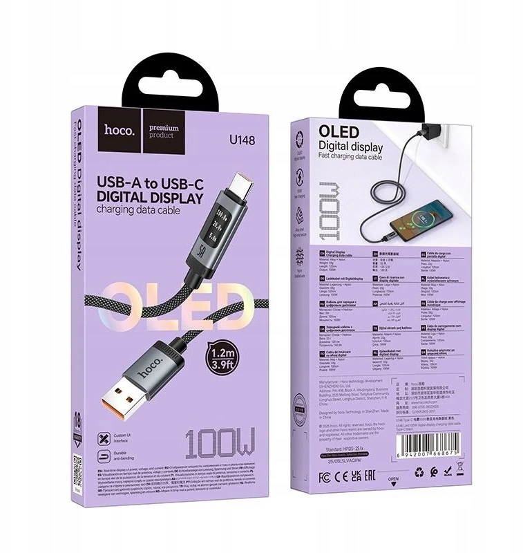 Duomenų kabelis su skaitmeniniu ekranu USB A į USB C Hoco PD 6A 100W 1,2 m U148 juodas