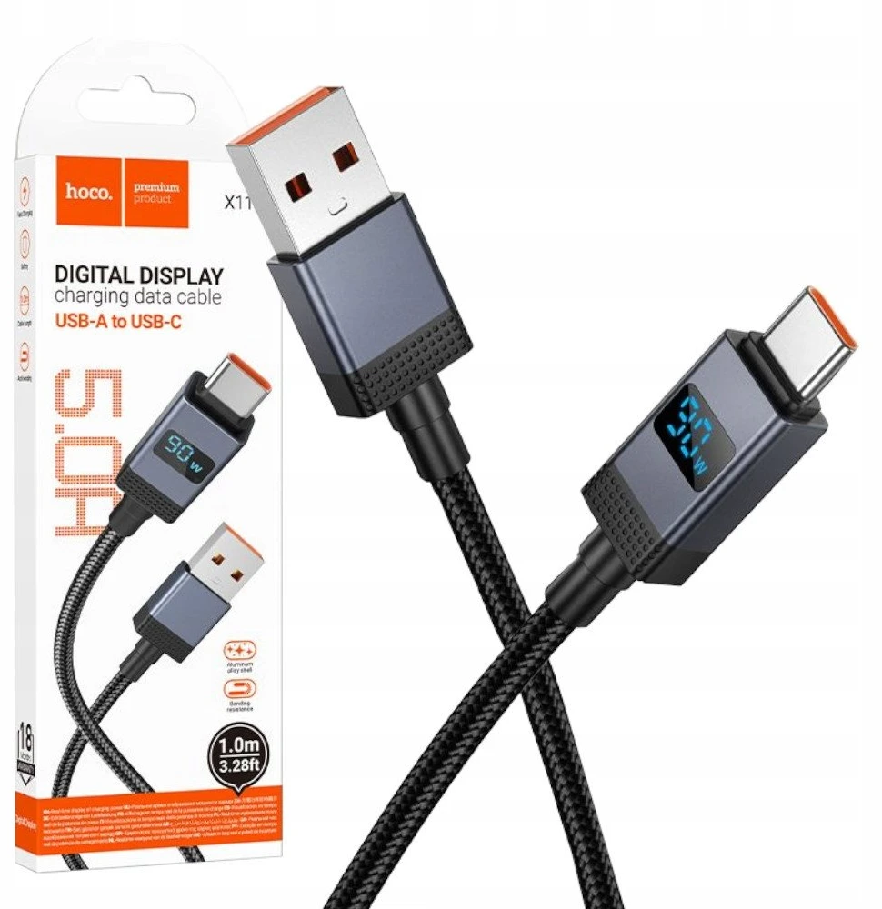 USB A į USB C laidas Hoco 5A su ekranu 1 m X118 juodas