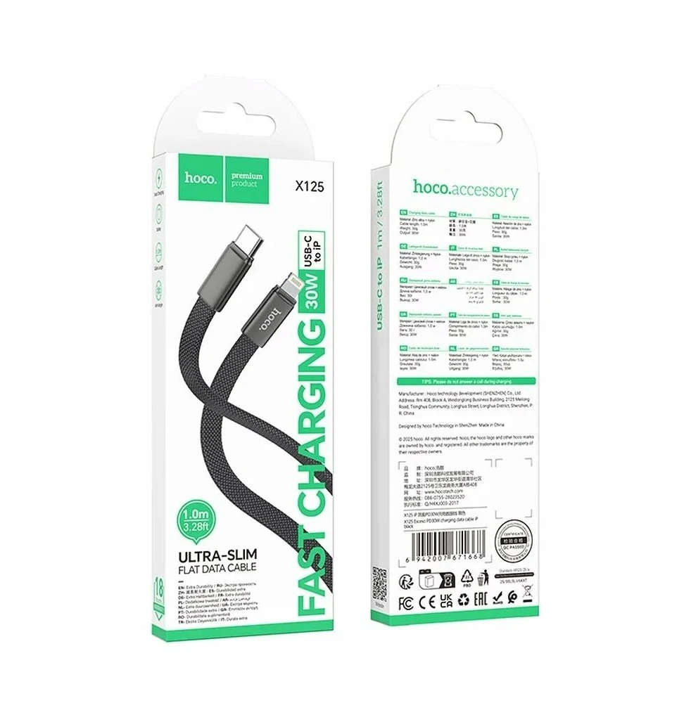 Plokščias USB C į Lightning kabelis Hoco PD 30W 1 m X125 juodas